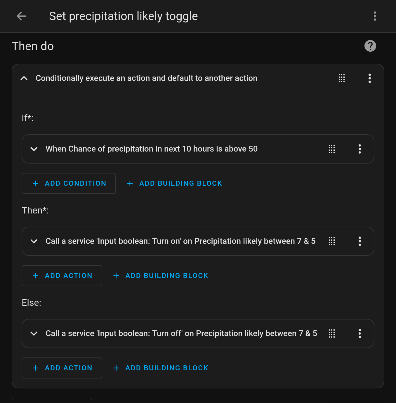Screenshot of precipitation automation actions
